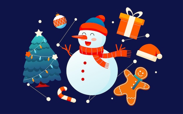 クリスマス雪だるまポスター冬休みハッピークリスマスイブギフトボックスイラスト プレミアムベクター