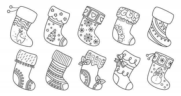 Premium Vector | Christmas socks flat line set. black linear cartoon holiday traditional and