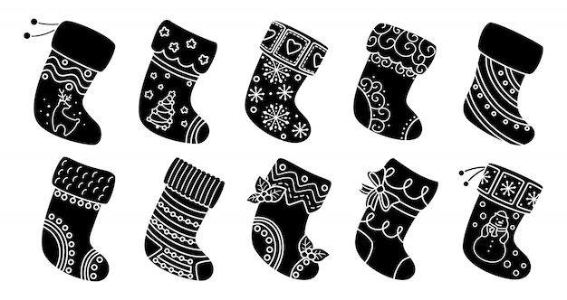 クリスマスソックスフラットシルエットセット 黒グリフ漫画休日の伝統的で華やかなストッキング ギフト用のクリスマスソックス 装飾されたヒイラギ パターン 新年デザインコレクション 図 プレミアムベクター