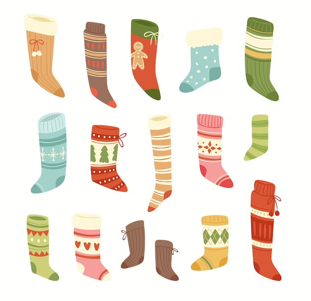 Download Premium Vector Christmas Socks Santa Xmas New Year Gift Traditional Christians Symbol Sey Illustration Different Textile Food Clothes PSD Mockup Templates