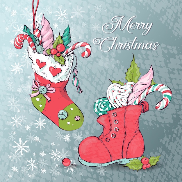 Download Christmas socks with gifts. vector illustration. | Premium ...