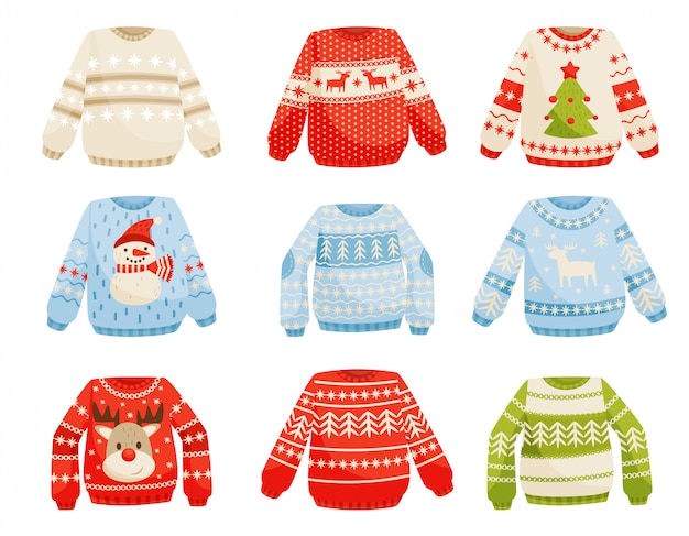 プレミアムベクター クリスマスセーターセット 白地にかわいい装飾品のイラストが暖かいニットジャンパー