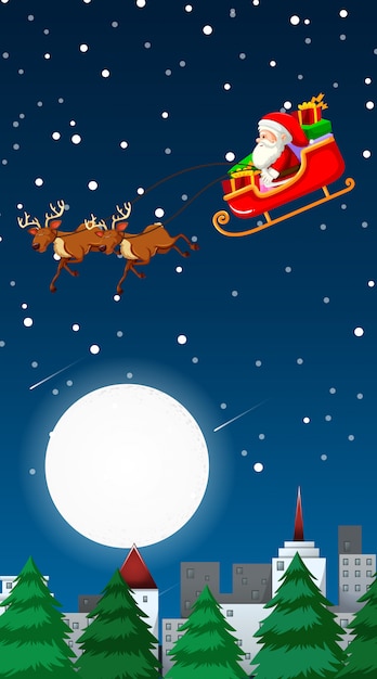 街を飛んでいるサンタクロースとクリスマステーマイラスト 無料のベクター