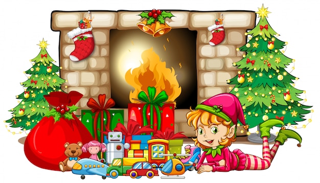 暖炉のそばでエルフとおもちゃのクリスマスのテーマ 無料のベクター