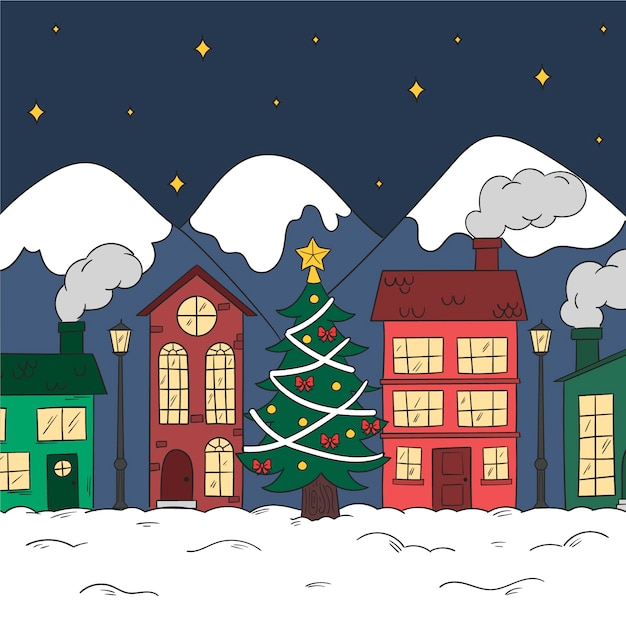 Christmas town concept in hand drawn Free Vector