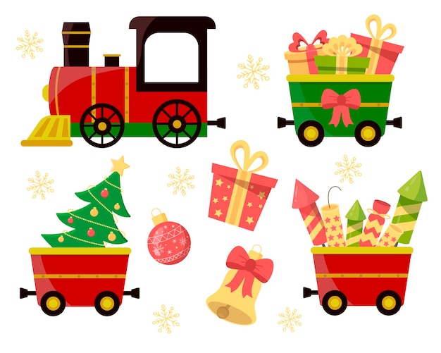 Premium Vector | The christmas train and wagons with gifts and fireworks