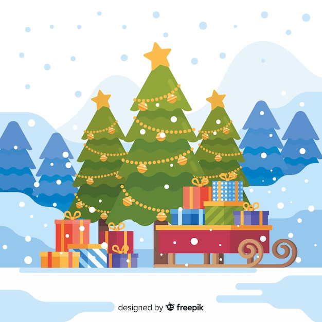 Download Free Vector Christmas Tree Background With Presents And A Sleigh Yellowimages Mockups