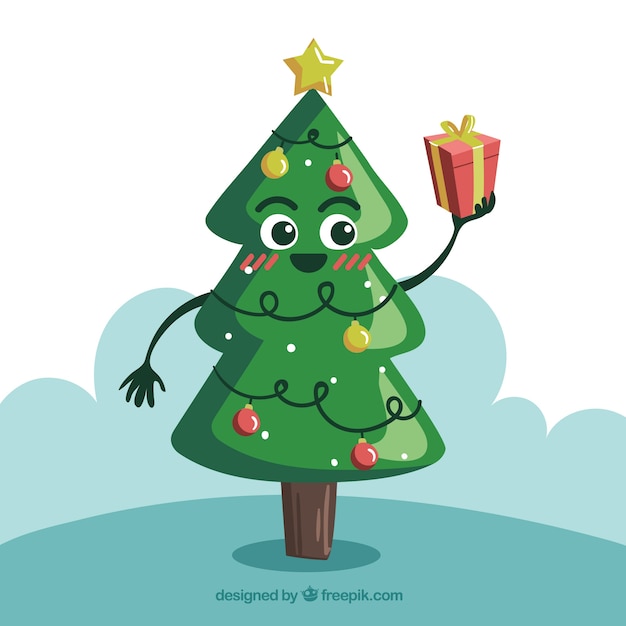 Christmas tree in cartoon style holding a gift box Vector