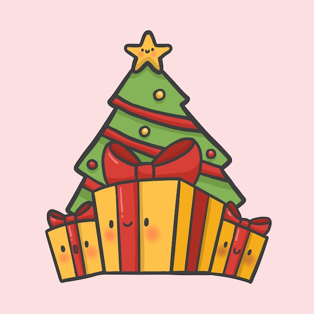 Christmas tree and gifts hand drawn cartoon style vector