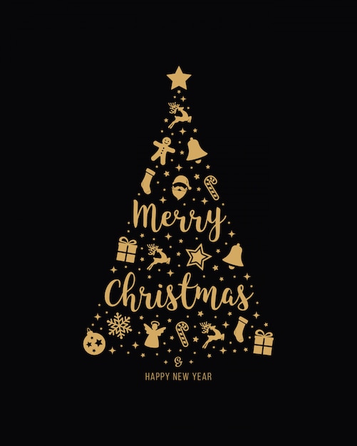 クリスマスツリーゴールドアイコン要素レタリング黒背景 プレミアムベクター
