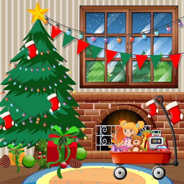 Free Vector Christmas Tree In The House Merry Christmas Scene