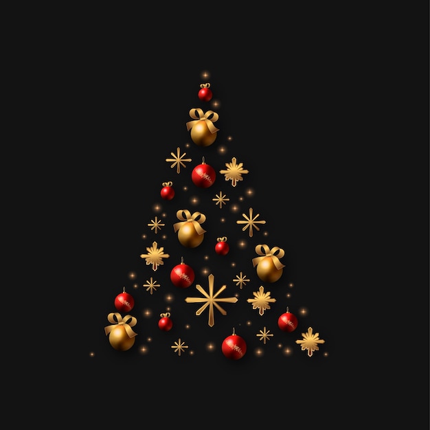 Christmas tree made of realistic golden decoration Free Vector