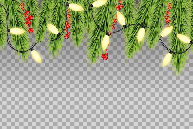 赤いヒイラギの果実とフェアリーライトが付いているクリスマスツリー上部ボーダー装飾 透明な背景のネオン プレミアムベクター