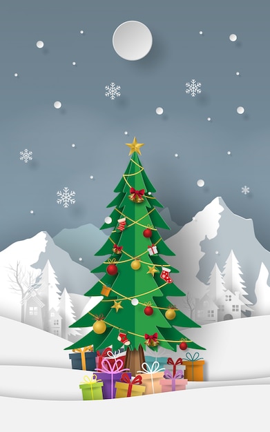 Download Christmas tree with gifts at snow mountain Vector ...