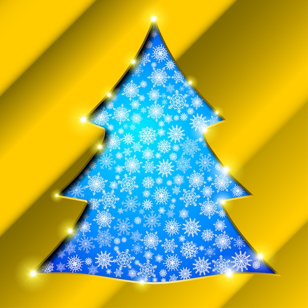 Christmas tree with golden border, snowflakes and sparkles Premium Vector