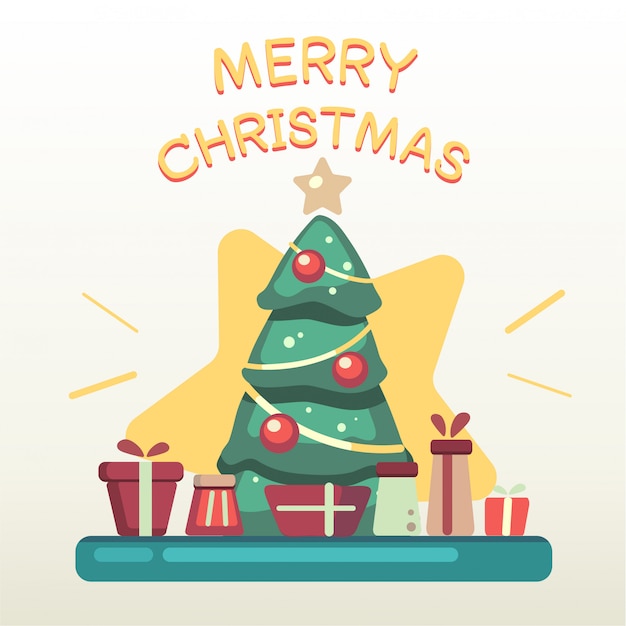 Premium Vector | The christmas tree with a pile of gift box and text of ...
