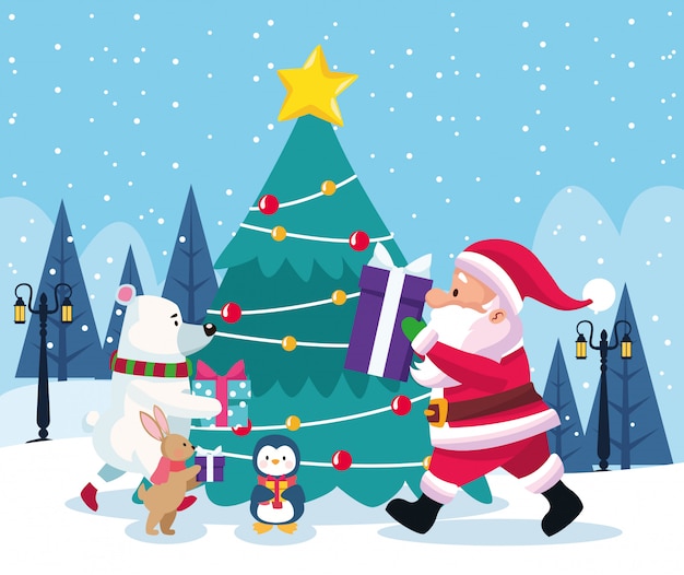 サンタクロースと冬の風景 カラフルなイラストの周りのかわいいクリスマス動物とクリスマスツリー プレミアムベクター