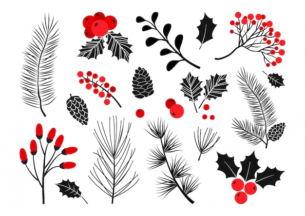 クリスマスベクトル植物 ホリーベリー クリスマスツリー 松 ナナカマド 葉の枝 休日の装飾 冬のシンボル 赤と黒の色 ヴィンテージ自然イラスト プレミアムベクター