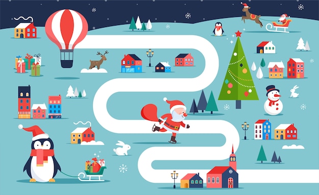 クリスマスの村の地図 冬の町 イラストやキャラクターとボードゲーム プレミアムベクター