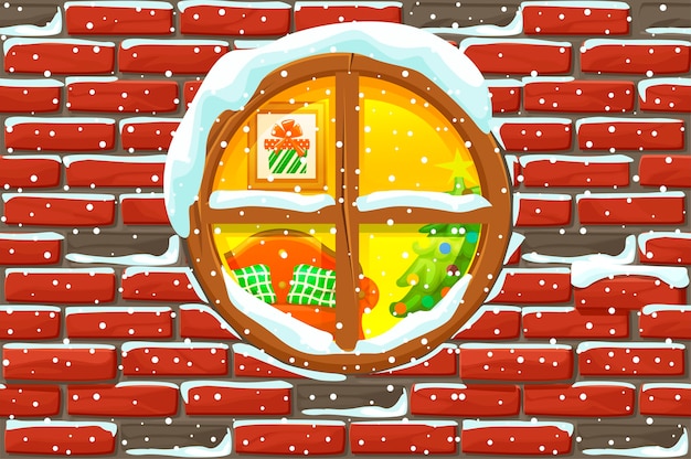 Download Premium Vector Christmas Window In Stone Wall Merry Christmas Holiday New Year And Xmas Holiday Illustration Background Yellowimages Mockups