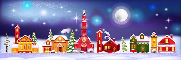 雪の漂流 松の木 月の夜の村とクリスマス冬の休日の家のイラスト プレミアムベクター