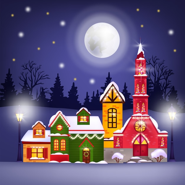 休日の家 月 夜空 星 森のシルエットとクリスマス冬のイラスト プレミアムベクター