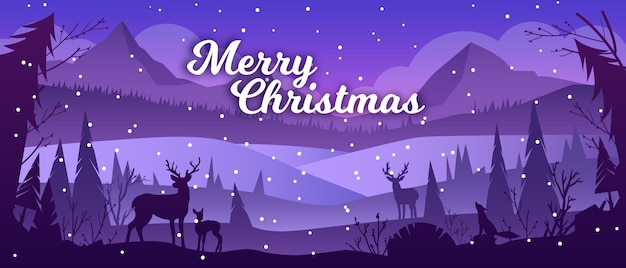 Download Premium Vector | Christmas winter landscape with mountains, snow, reindeer silhouette, pine ...