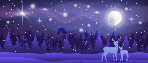 Download Premium Vector Christmas Winter Vector North Landscape With Snow Forest Reindeers Moon Night Sky Stars