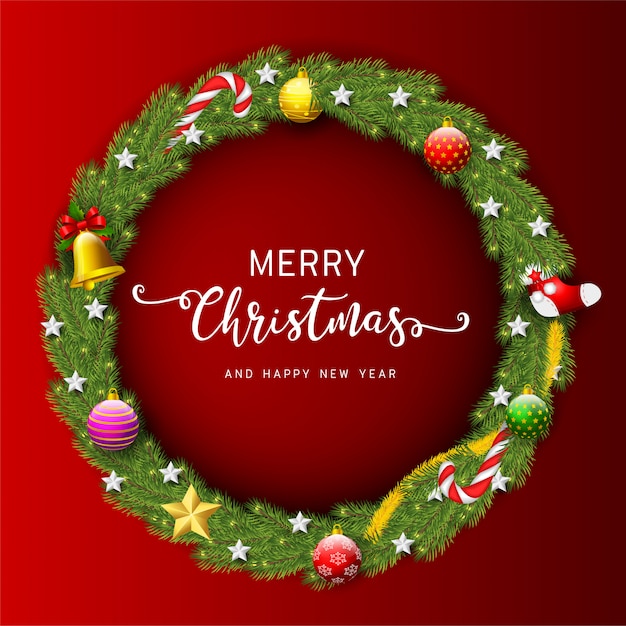 Christmas wreath. beautiful evergreen wreath of xmas tree branches with garland Premium Vector