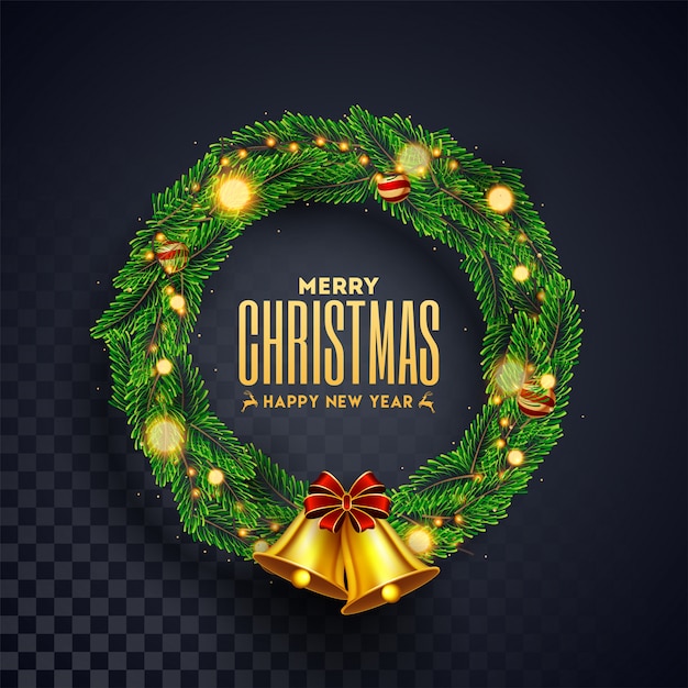 Christmas wreath with golden jingle bell on black transparent for merry christmas & happy new ...