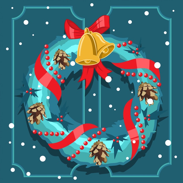 Christmas wreath with holly berry leaves, gold bells, red ribbon and pine cone vector cartoon ...