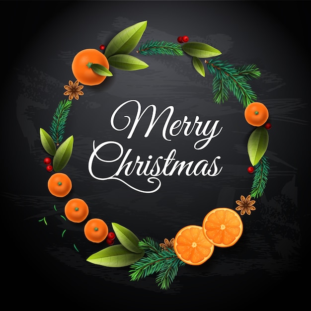 みかん オレンジフルーツ モミの木の枝 葉とクリスマスリース 招待状 パーティー カードテンプレート イラスト プレミアムベクター