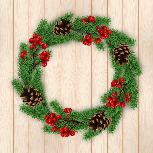 Premium Vector | Christmas wreath on wooden texture background