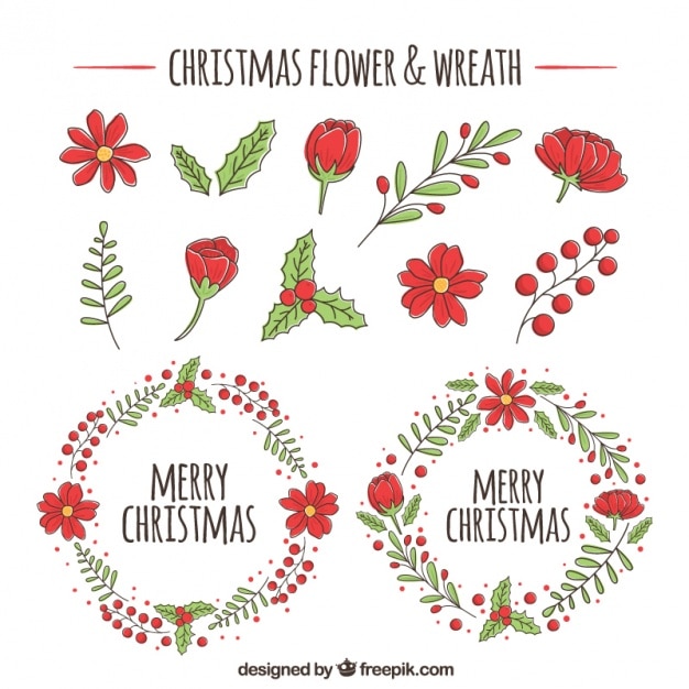 Christmas wreaths and flower sketches Vector | Free Download