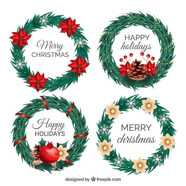 Christmas wreaths with red and white flowers,
and ribbons