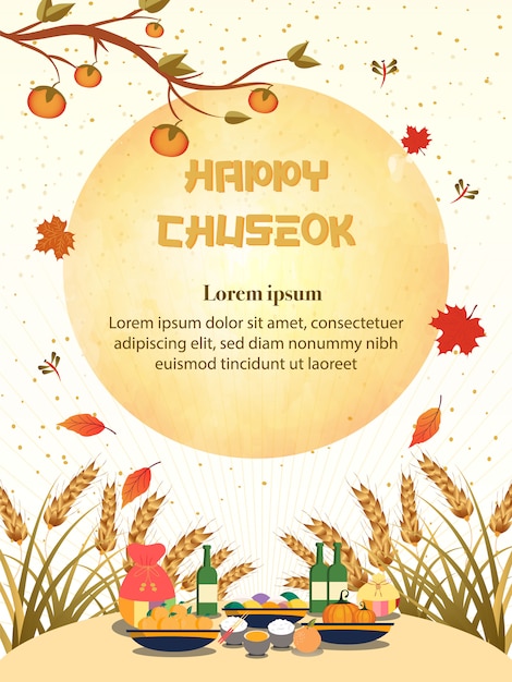 Chuseok illustration. persimmon tree on full moon view Premium Vector