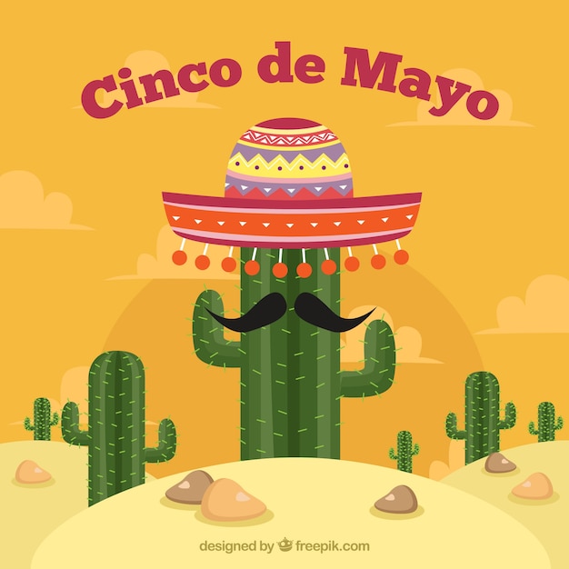 サボテンとメキシコの帽子が付いているcinco De Mayoの背景 無料のベクター