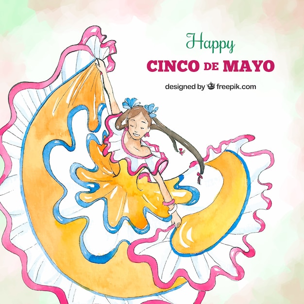 Cinco de mayo background with woman dancing in\
watercolor style