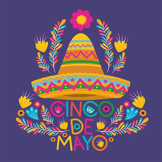 Premium Vector | Cinco de mayo card with flowers and hat