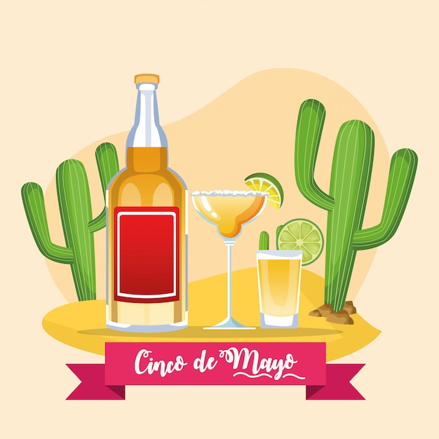 Premium Vector Cinco De Mayo Celebration Card With Tequila Bottle And Cups