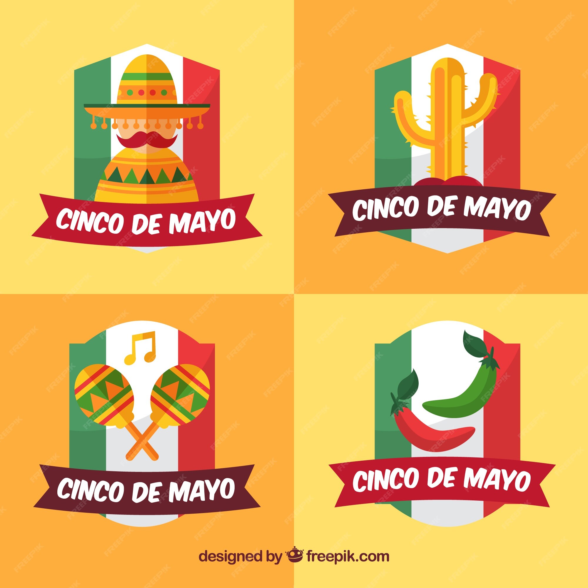 Free Vector Cinco De Mayo Labels With Mexican Flag And Decorative Elements 3541