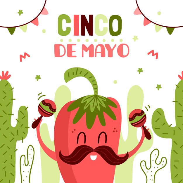 Cinco de mayo with chili pepper and maracas Free Vector