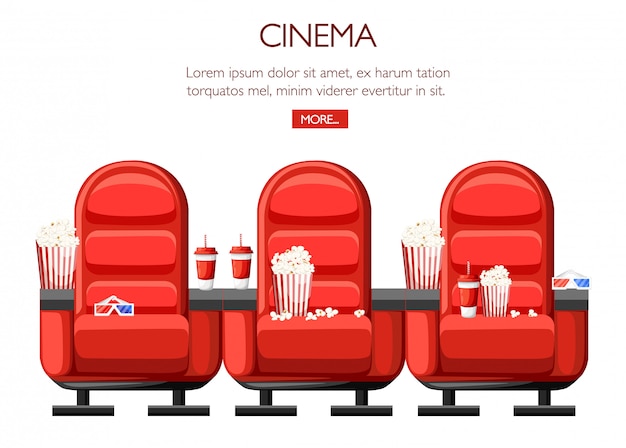 映画のコンセプト 映画館の講堂と3つの赤い快適なアームチェア ドリンクやポップコーン 映画用のグラス 映画館の座席のイラスト 白い背景の上の図 プレミアムベクター