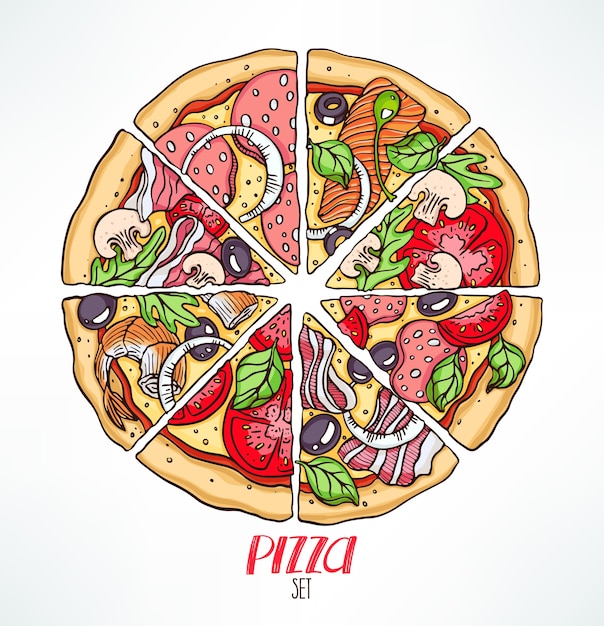 Premium Vector Circle of pizza slices with various stuffing