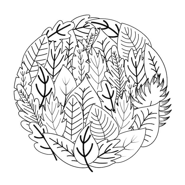 Premium Vector | Circle shape coloring page with doodle leaves