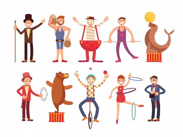 Circus artists cartoon characters vector set. acrobat and strongman, magician, clown, trained animal Premium Vector