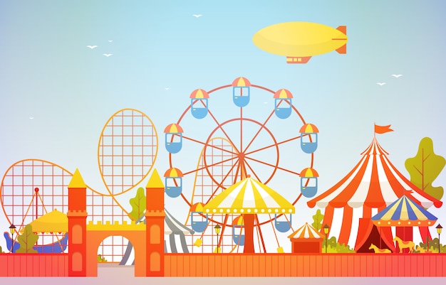 Circus carnival festival fun fair with firework landscape | Premium Vector