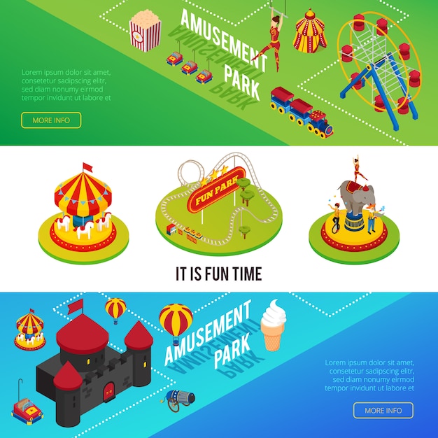 Circus isometric horizontal banners with elements of amusement park Free Vector
