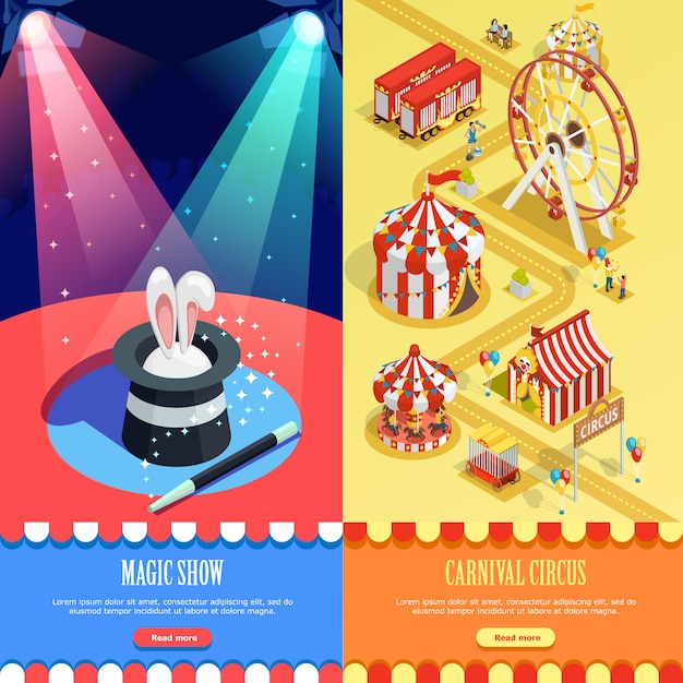 Circus isometric vertical banners webpage design Free Vector