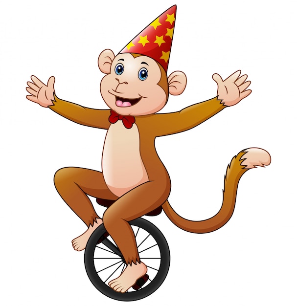 笑顔で一輪車に乗ってサーカス猿漫画 プレミアムベクター